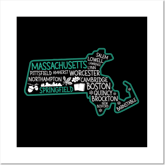 Massachusetts Springfield cute map Salem Lowell Lawrence Lynn Worcester Wall Art by BoogieCreates